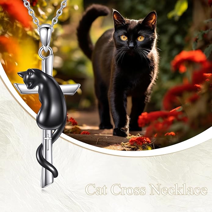 CRMAD Black Cat/Red Panda Cross Necklace for Women Sterling Silver Cross Necklace Animal Jewelry Gift for Women