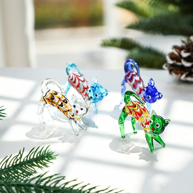 HDCRYSTALGIFTS 4PCS Hand Blown Glass Cat Figurines Collectible, Art Glass Cat Miniature Animal Statue Kitten Sculpture for Home Decor Gift