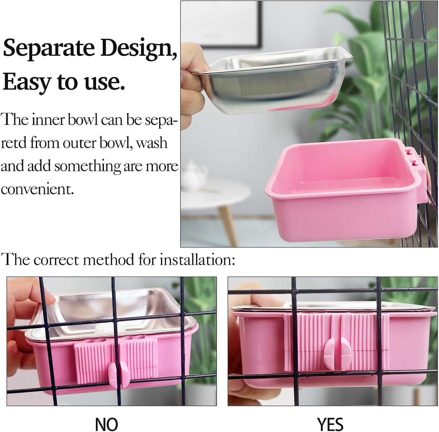 kathson Crate Dog Bowl, Removable Stainless Steel Hanging Pet Kennel Cage Bowl Food & Water Feeder Coop Cup for Puppy, Cat, Rabbit,Guinea Pigs 2pcs Large Square(Blue,Pink)