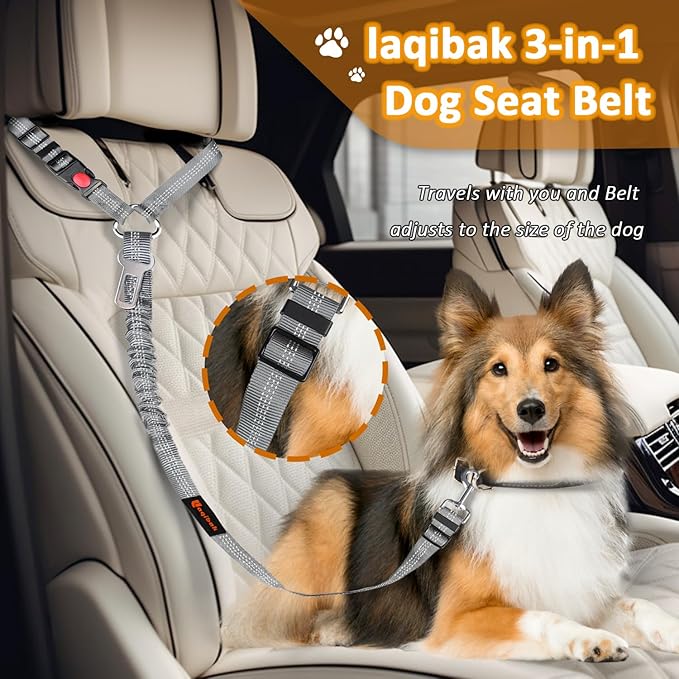 Removable Dog Seat Belt Harness for Car, 3 in 1 Pet Dog Car Seatbelt Leash, Retractable Restraint Secures to Vehicle Headrest & Adjustable Reflective Bungee Dog Seatbelt Tether, Grey