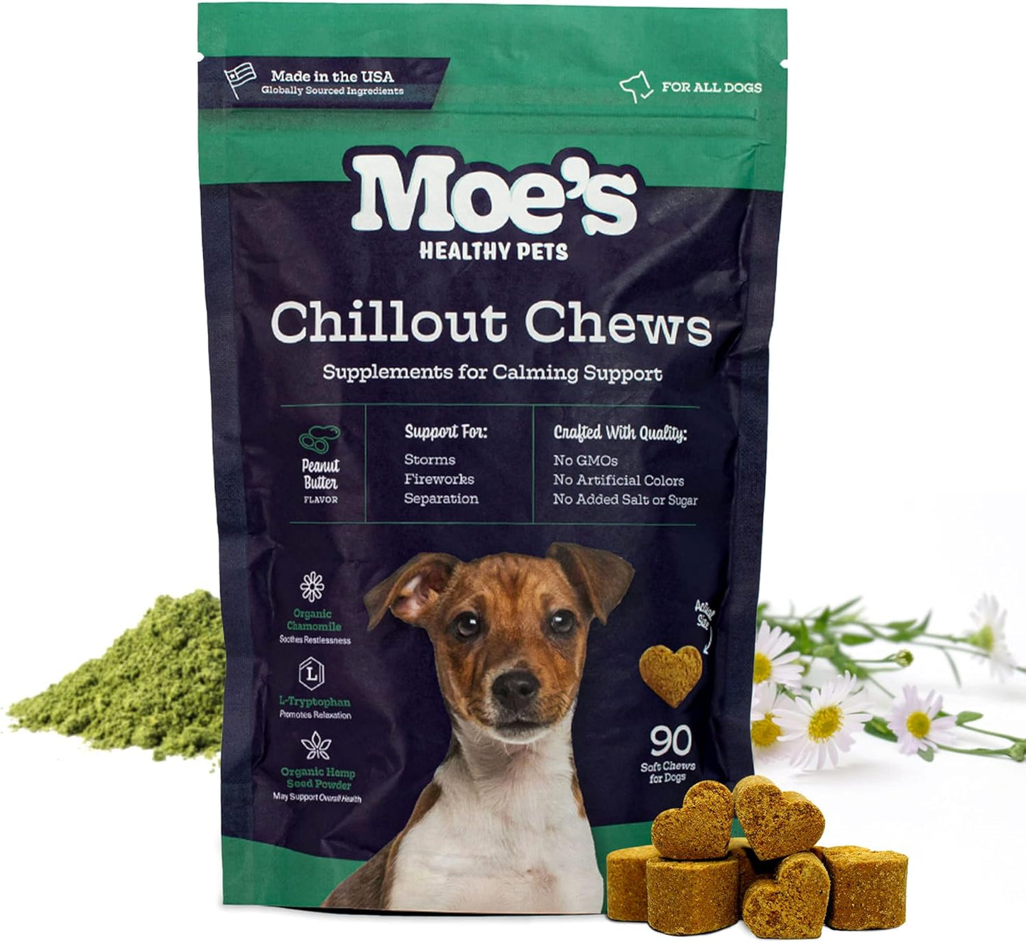 Moe’s Calming Chews for Dogs 90ct – Natural Anxiety Relief with Hemp, Chamomile, and Tryptophan – Calming Dog Treats for Separation, Fireworks, Travel and Storms (Peanut Butter)