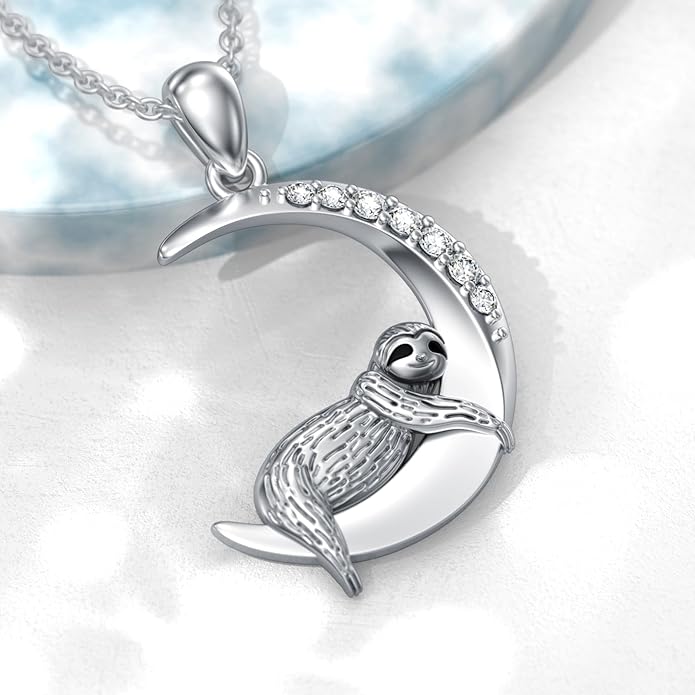 Diamond Black Cat/Red Panda/Sloth/Deer/Unicorn Necklace for Women 925 Sterling Silver Sleeping Animal and Moon Pendant with Lab Grown Diamonds Jewelry Gifts