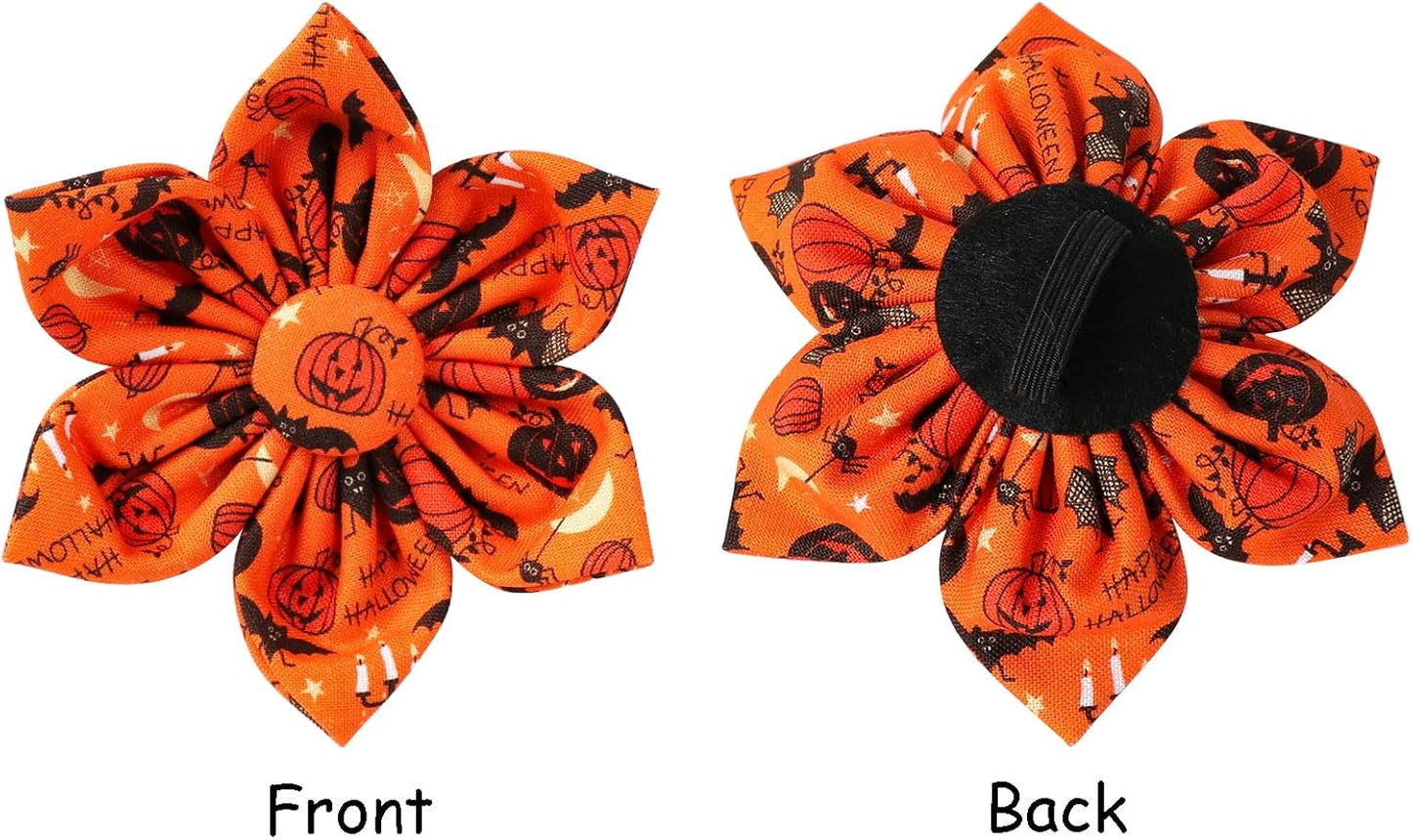 Lionet Paws Halloween Dog Collar with Flower, Cute Fall Orange Dog Collar for Large Dogs, Adjustable Cotton Pumpkin Bat Pet Collars for Girl Dogs