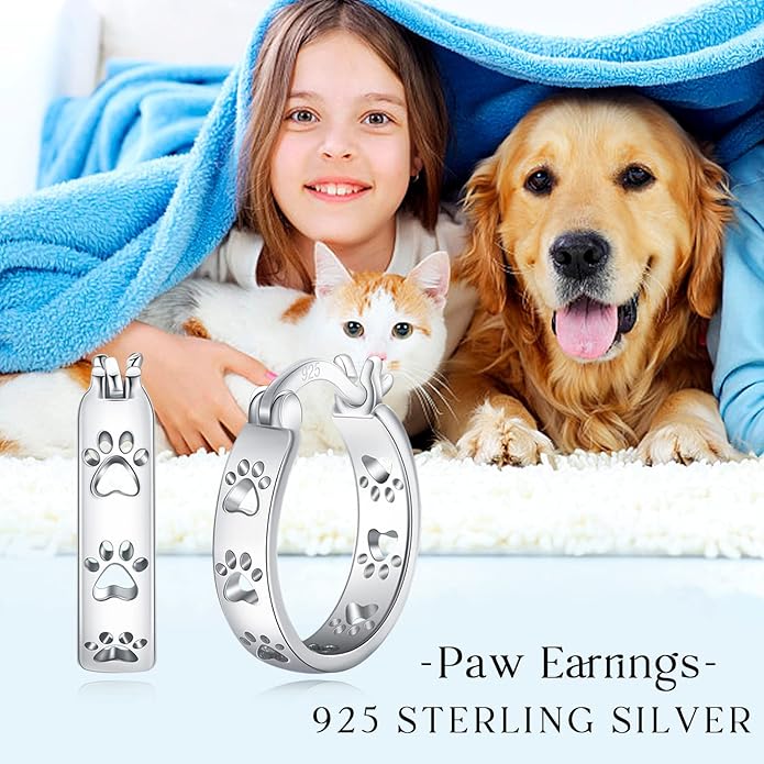 Paw Earrings 925 Sterling Silver Paw Hoop Earrings Cat Dog Jewelry Gifts for Women