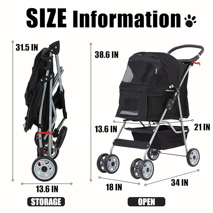 Pet Stroller 4 Wheels Dog Cat Stroller for Small Medium Dogs Cats Foldable Puppy Stroller with Storage Basket and Cup Holder,Black
