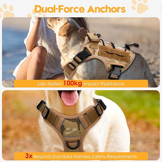 Heavy-Duty Tactical Dog Harness for Large Dogs, No Pull Adjustable Reflective Pet Vest with Molle System, K9 Military-Grade Control for Service Training, Outdoor & 10+ Breeds, Desert Camo, Medium
