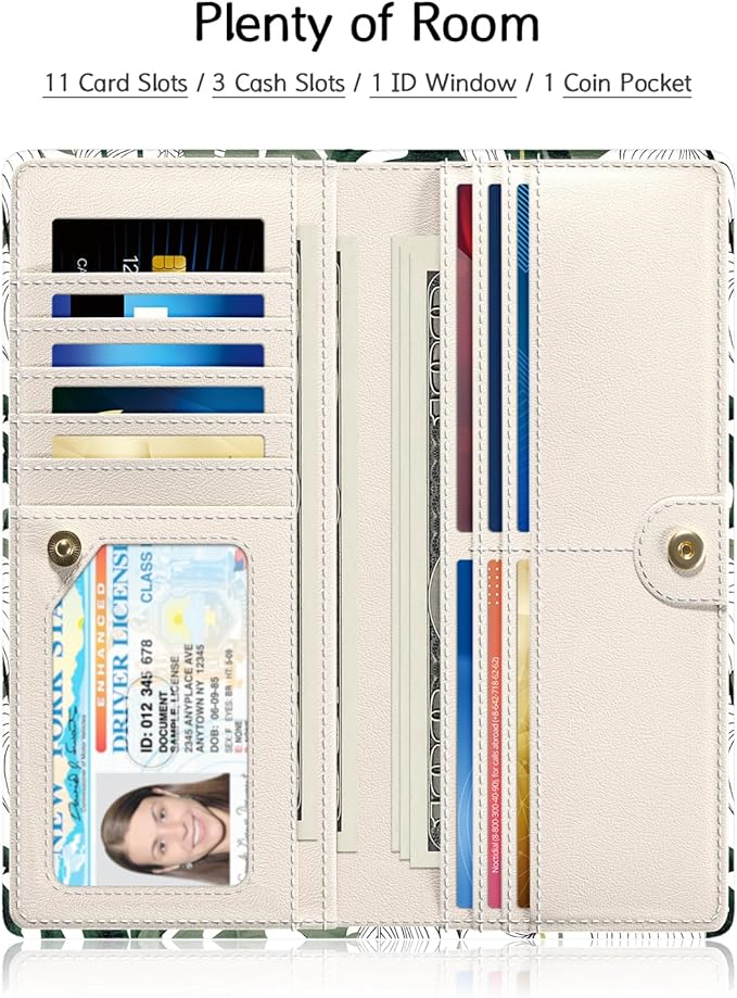 Nipichsha Womens Wallet, RFID Slim Wallets for Women, Thin Ladies Credit Card Holder Purse, Cute Leather Bifold Clutch Billfold with 11 Card Slots & ID Window, Monstera Deliciosa