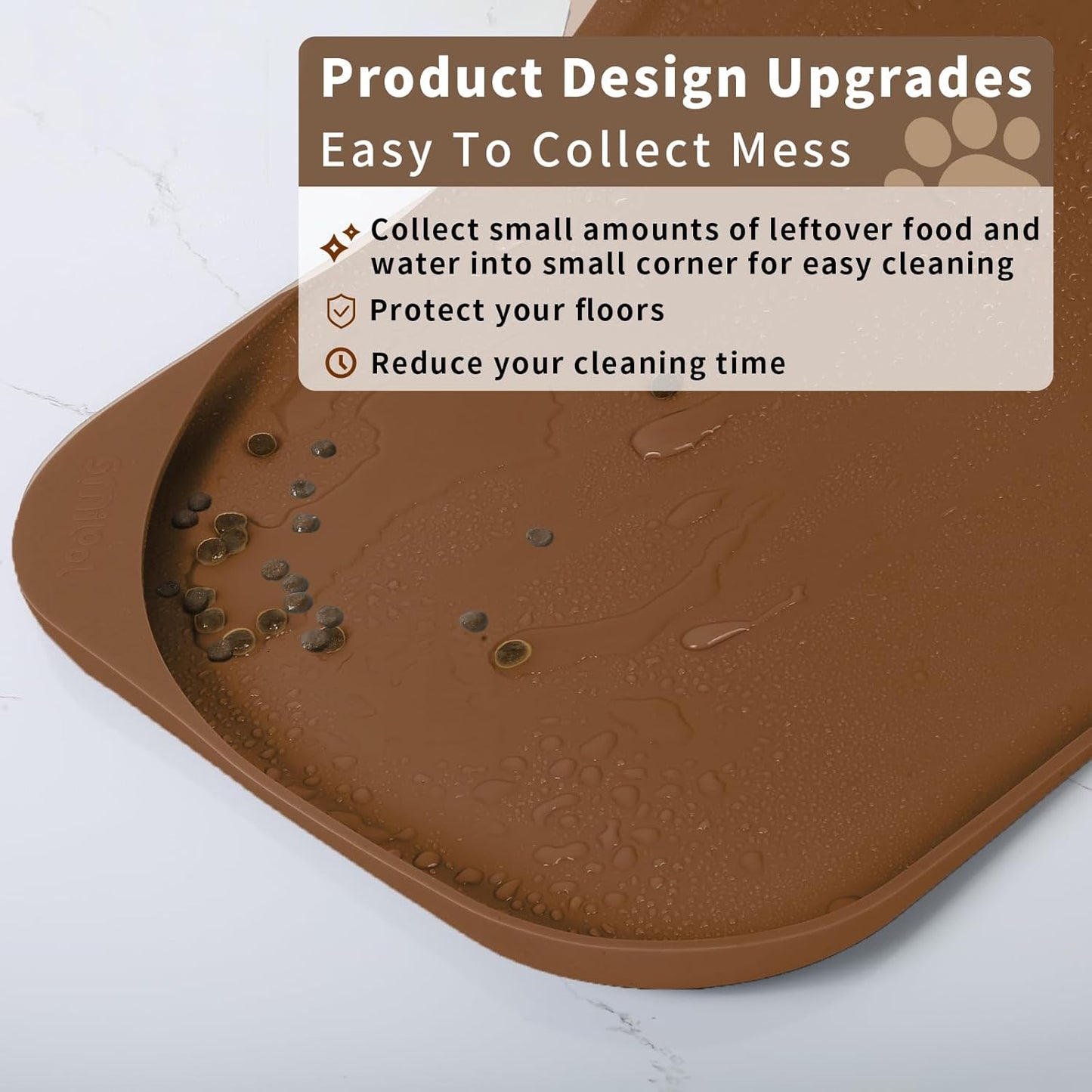 Silicone Pet Feeding Mat with Raised Edge & Residue Collection Pocket for Food and Water, Dog Bowl Mats, Cat Bowls Placemat with High Lip for Floor Waterproof, 24 x 16 x 0.8 Brown