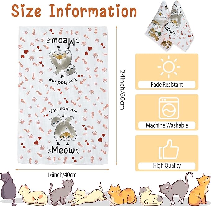 Cute Cat Kitchen Towels Set of 2 Cats Decoration for Cat Lovers Cat Kitchen Accessories Cat Mom Gifts for Women Cute Dish Towels Decorative Set for Kitchen & Bathroom 16×24 Inch - 02