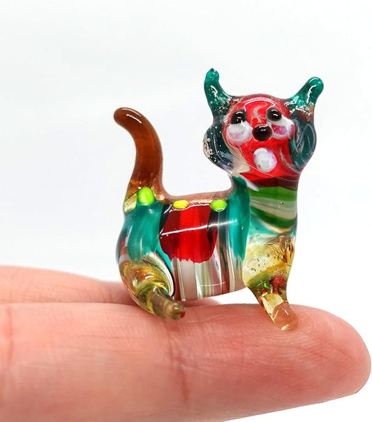 Cat Tiny Figurines Blown Glass Art Animals Hand Painted Collectible Gift Decorate (Red Green)