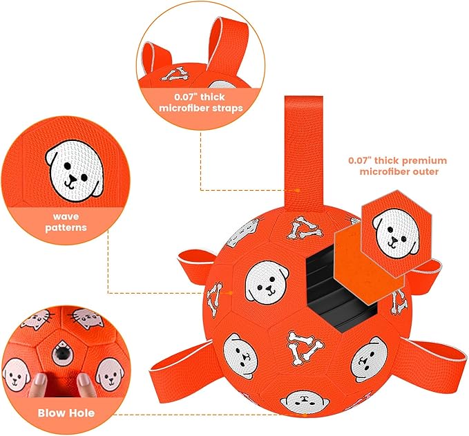 Dog Balls Toy, Durable Soccer Ball with Straps, Interactive Dog Toys, Water Fetch Ball for Tug of War, Herding, Dog Toys to Keep Them Busy – Dog Birthday Gift for Medium Large, 8 Inch