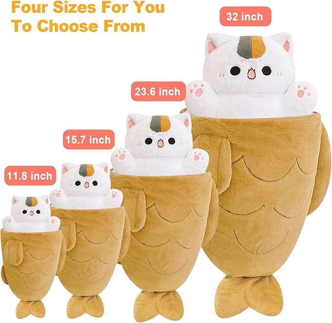 Ditucu 32 inch Large Taiyaki Cat Plush Pillow Giant Kitten Inside Fish 2 in 1 Big Size Stuffed Animal Plushies Toys with Outfit Sleeping Doll Gifts for Girls Boys