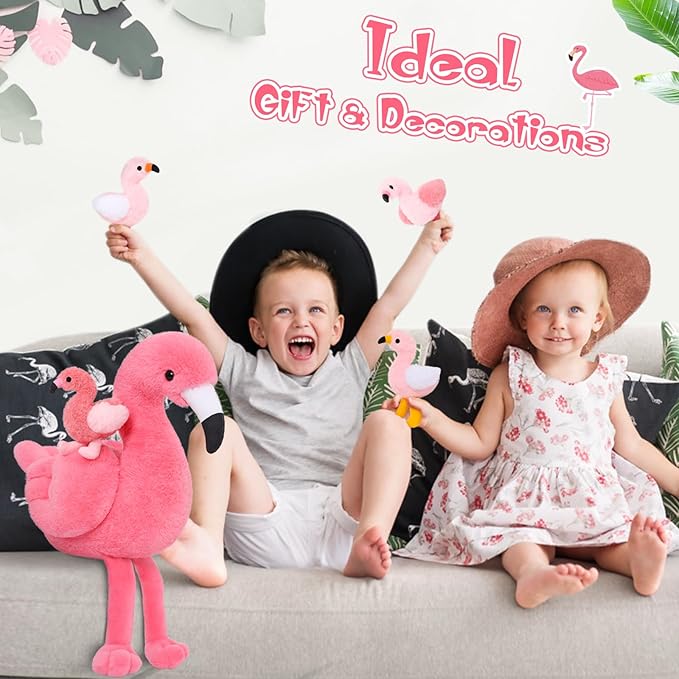 MorisMos Plush Flamingo Stuffed Animal-18 Inch Mommy Stuffed Flamingo with 4 Baby Bird Plush Toys Inside Zipper Tummy, Pink Bird Stuffed Animals Gift for Girl Women Decor Birthday Christmas Valentines