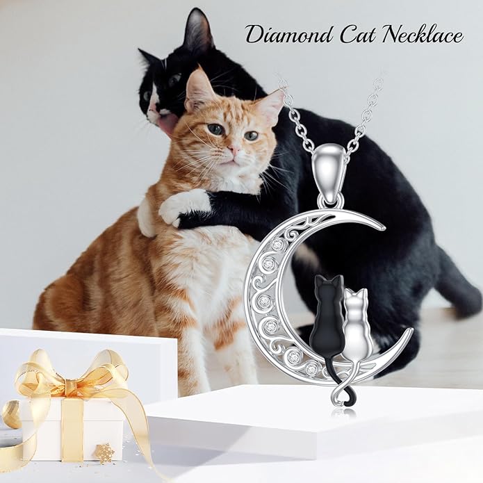 Diamond Black Cat Necklace for Women 925 Sterling Silver Cat on Moon Necklace Pendant Black Cat Jewelry Gifts for Women Mom Wife Girlfriend Daughter Girls