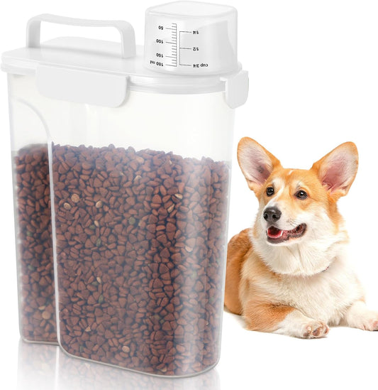 Dog Cat Food Storage Container, 5-7 Lbs Airtight Pet Food Storage Container with Easy-Pouring Spout and Portable Handle, Bird Seed Dispenser, Kitchen Organizer for Rice Cereal Flour -White