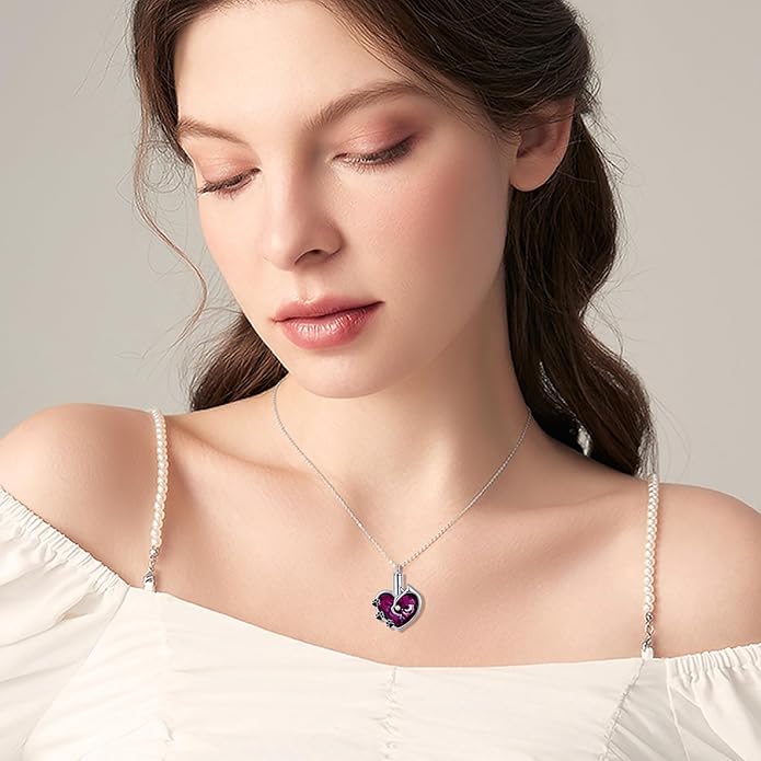 Cat Urn Necklace for Ashes 925 Sterling Silver Cremation Keepsake Memorial Jewelry for Ashes with Blue/Deep Purple Heart Crystal from Austria Keepsakes Memorial Necklaces Meaningful Gifts