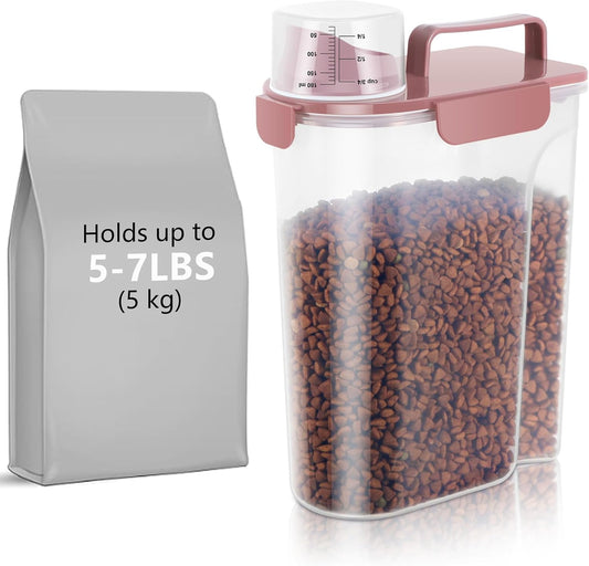 5-7Lbs Cat Dog Storage Container, Portable Pet Food Containers with Upgraded Large Spout and Cup, Small Animal Kibble Dispenser for Bird Seed, Oatmeal, Rice, Flour (1, Pink, 5L)