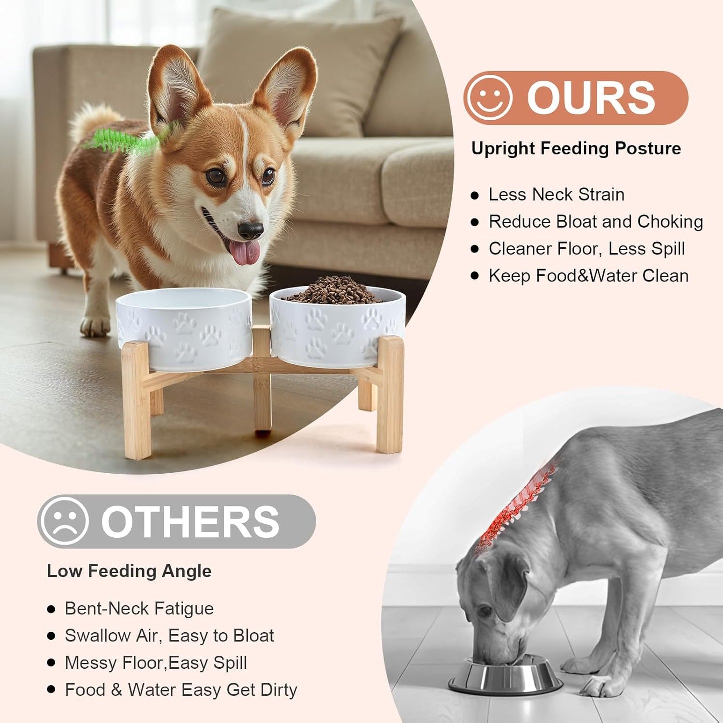 SPUNKYJUNKY Elevated Dog Bowls Ceramic, 6.1'' Dogs and Cat Food Water Bowls Raised with Non-Slip Bamboo Stand for Medium Sized Breed Microwave Dishwasher Safe - 28.7 OZ,Paw White