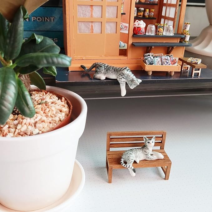 Ceramic Cat Figurine Relaxed Gray Tabby Porcelain Kitten Adorable Pet Kitty Collectible Miniatures Hand Painted Animal with Bench Home Decor or Gift