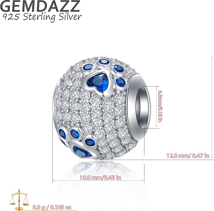 GEMDAZZ Sparkling Puppy Paw Print Charms in 925 Sterling Silver, Pave Dog Pawprint CZ Round Beads and Always in My Heart Charms, Gift for Animal Lover, fit European Women Bracelet/Necklace