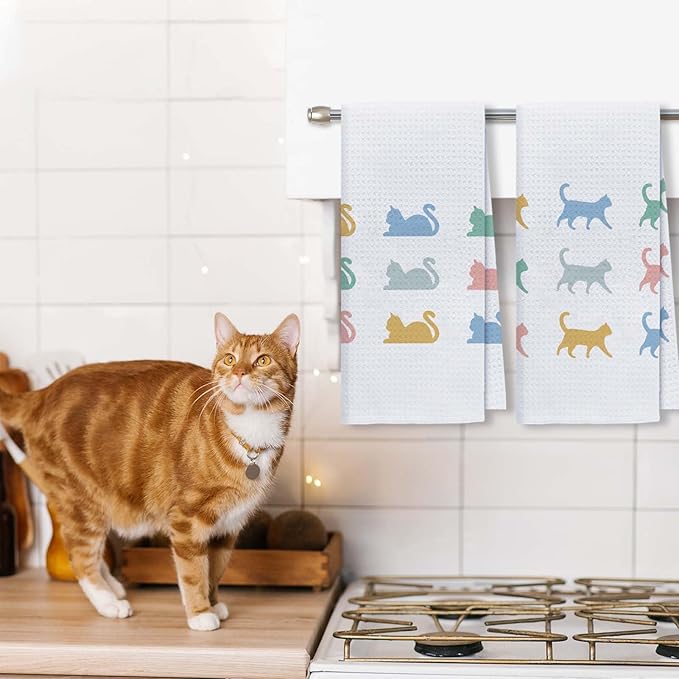 Cute Cat Kitchen Towels Set of 2 Cat Mom Gifts for Women Cats Gifts Tea Towels for Cat Lovers Cute Towels Decorative Set for Kitchen & Bathroom Cat Kitchen Accessories 16×24 Inch
