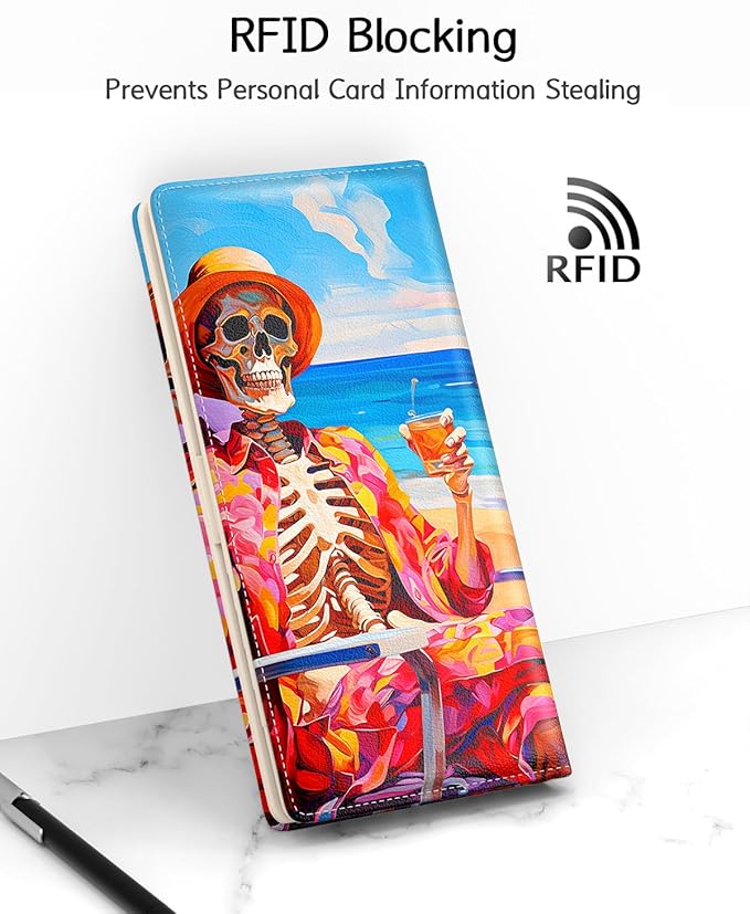 Nipichsha Womens Wallet, RFID Slim Wallets for Women, Thin Ladies Credit Card Holder Purse, Cute Leather Bifold Clutch Billfold with 11 Card Slots & ID Window, Beach Skull