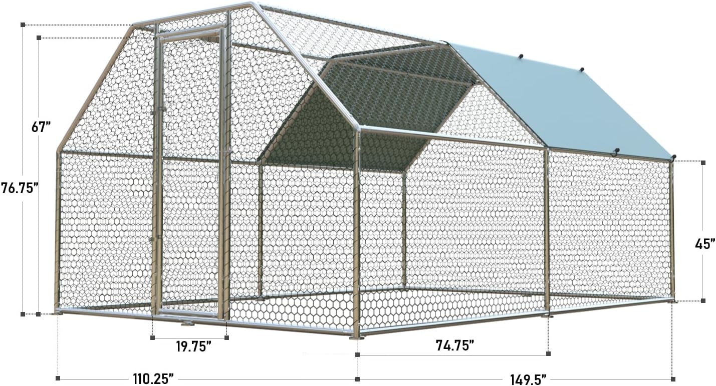 1.26'' Chicken Runs for Yard with Cover, Large Metal Chicken Run Walk in Metal, Outside Dog Kennel with Roof, Flat Roofed Outdoor Kennel for Cats(9.2’L x12.5’Wx 6.4’H)