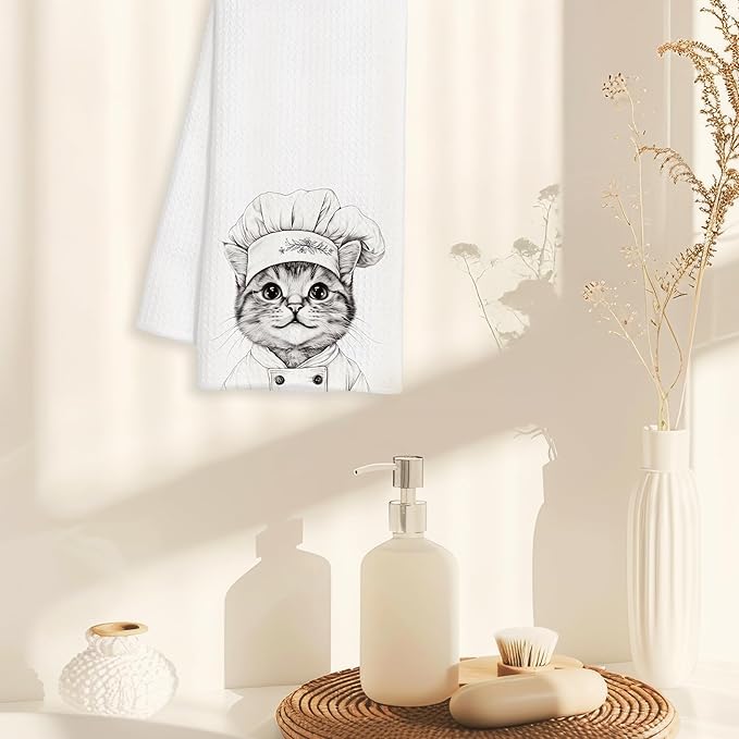 Chef Cat Kitchen Towels Decorative, Cute Kitten Dish Tea Towels for Kitchen Drying, Cat Mom Lady Gifts for Women Hand Towels, Gifts for Pet Lovers Women, 16x24 Inch