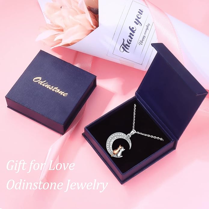 Odinstone Cat Necklace, S925 Sterling Silver Cat on Moon Pendant with Cubic Zirconia, Cat Jewelry Mothers Day Gifts for Mum with Gift Package - I Love You Forever