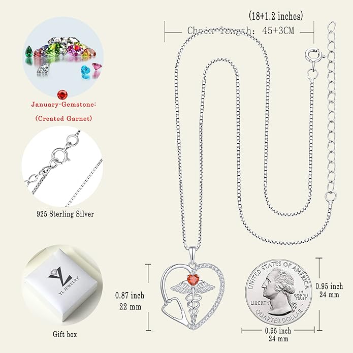 YL Caduceus Heart Necklace for Women Sterling Silver Doctor Nurse Themed Stethoscope Pendant Birthstone Angel Wings Snake Jewelry