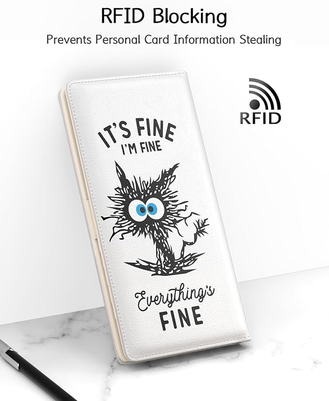 Nipichsha Womens Wallet, RFID Slim Wallets for Women, Thin Ladies Credit Card Holder Purse, Cute Leather Bifold Clutch Billfold with 11 Card Slots & ID Window, Fine Cat