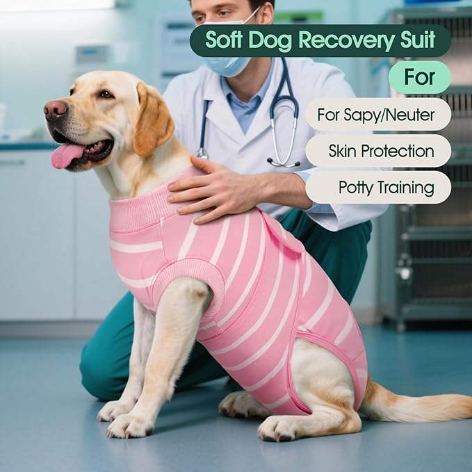Kuoser Recovery Suit for Dogs After Surgery, Soft Dog Surgery Suit Female Anti Licking Dog Onesie E-Collar & Cone Alternative, Breathable Pet Surgical Recovery Shirt, Pink Strips L