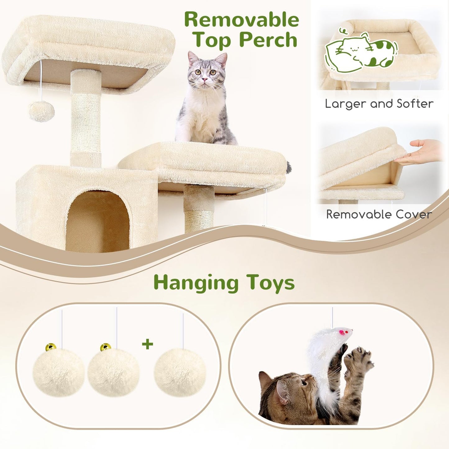 Globlazer Cat Tree Tower, 76-Inch Extra Tall Multi-Level Cat Furniture with Cozy Condos, Hammock and Perches for Adult Cats, Perfect for Climbing, Scratching, and Play, F76, Beige