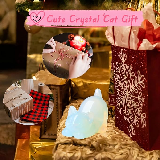 Opal Opalite Cat Crystal Statue Stone Carved Figurines for Lazy Cat Healing Crystals Spiritual Sculpture Desk Office Room Home Decoration Lucky Kitten Gifts for Cat Lovers Women Men