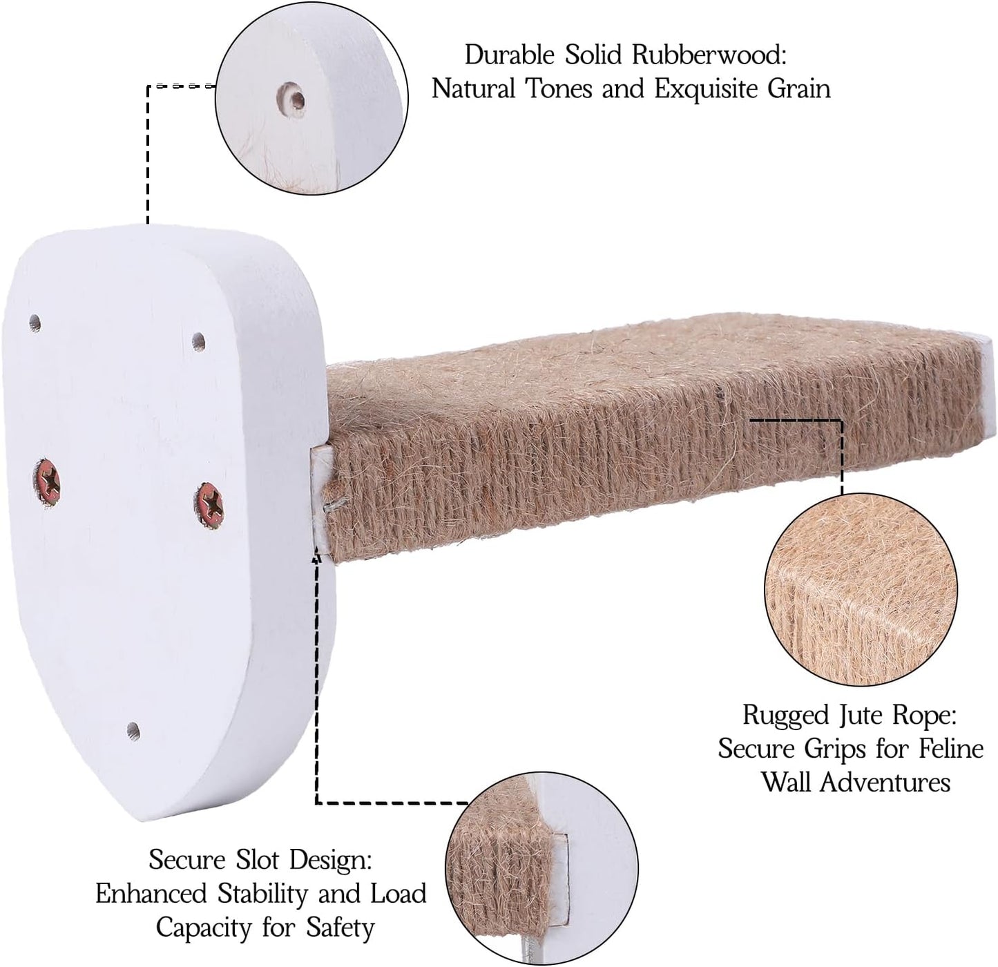 3pcs Wall Mounted Cat Steps, Climbing Furniture, Shelves With Hemp Rope Covered, Solid Wood Ladder for Playing and Climbing (Standard-White)