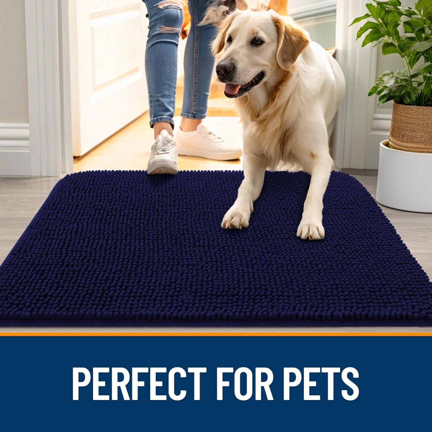 OLANLY Dog Door Mat for Muddy Paws 70x24, Absorbs Moisture and Dirt, Absorbent Non-Slip Washable Doormat, Quick Dry Chenille Mud Mat for Dogs, Entry Indoor Entryway Carpet for Inside Floor, Navy Blue