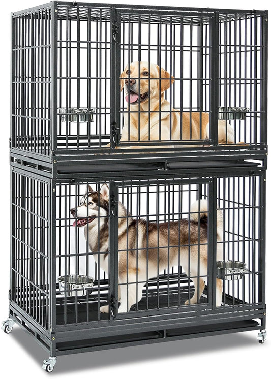 48 Inch Heavy Duty Large Dog Crate, Stackable Indestructible Big Cage for High Anxiety Dogs, Foldable Escape Proof XL Dog Kennel Indoor with Adjustable Bowls, Wheels and Double Trays(2 Pack)