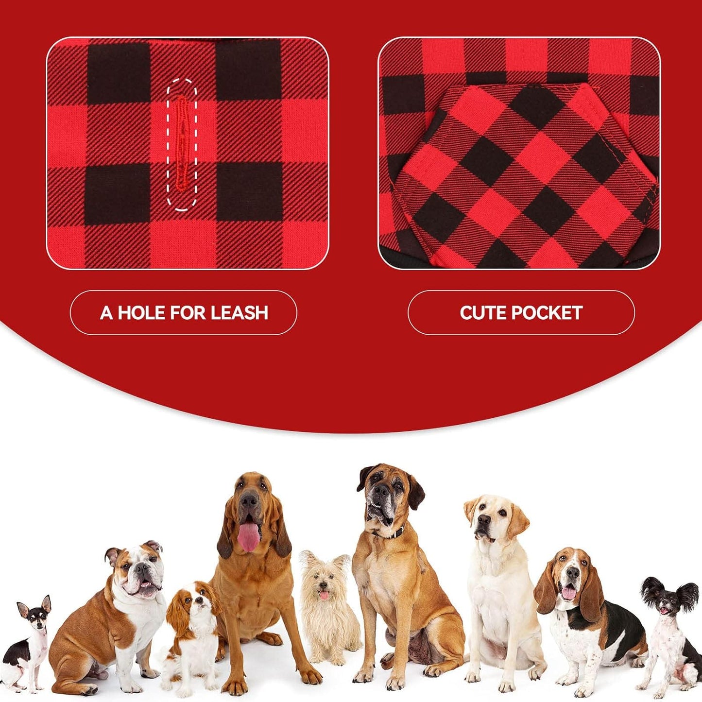Dog Hoodie Sweater Red Buffalo Plaid Pet Clothes Warm and Soft Breathable Cozy Medium Pet Hoodie Dog Sweaters for Medium Dogs with Pocket(M)