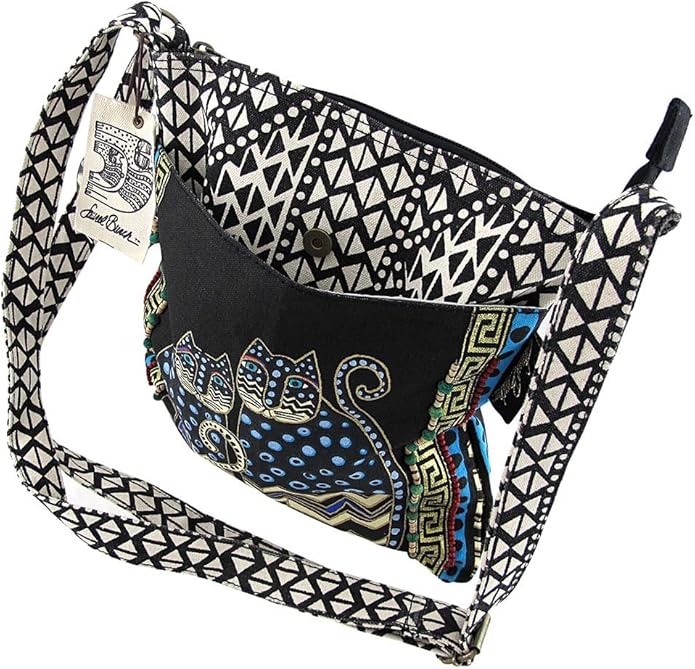 Laurel Burch LB4315 Crossbody Tote with Zipper Top, Spotted Cats Black