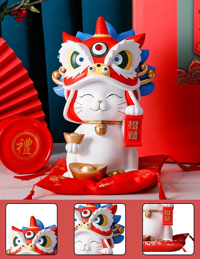 Lucky Cat Waving Arm Resin Statue, 11x7.1x6.3in Maneki Neko Fortune Cat Coin Bank Chinese Lion Dance Figurine for Store Opening Home Office Desk Decor White Waving Cat Ornament