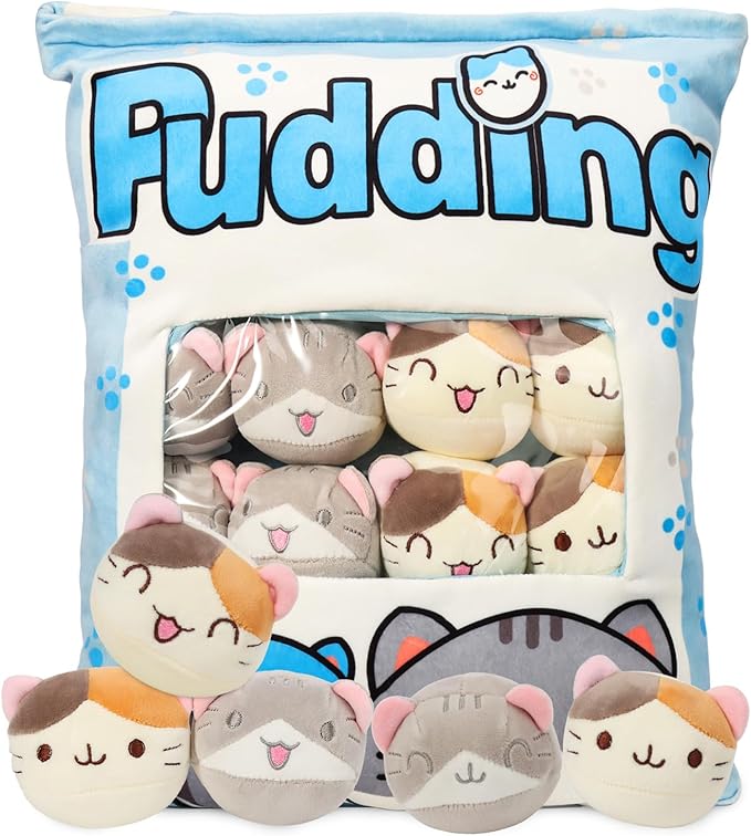 Cat Plush Pillow, Cute Plushies with Kitten Doll, Bag of Removable Kitten Stuffed Animals, Kawaii Plushies Cat Toy for Kids, Gift for Girls Boys Birthday (8 Blue Kitten)