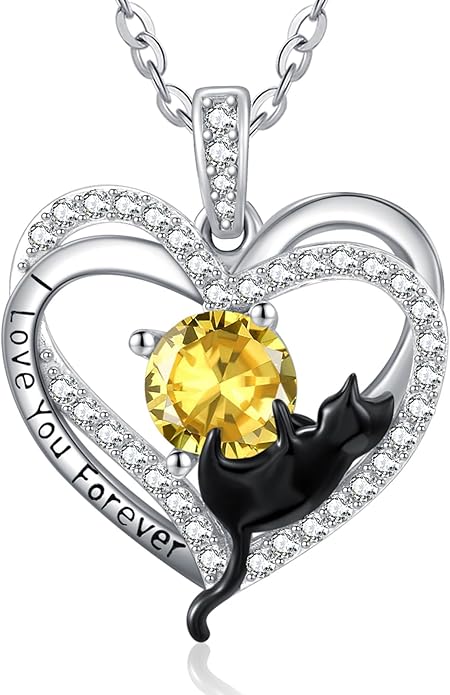 Birthstone Cat Necklaces,925 Sterling Silver Cat Necklace Heart Pendant for Women,Dainty Animal Jewelry for Her,Wedding Anniversary Birthday Gifts for Women Mom Grandma