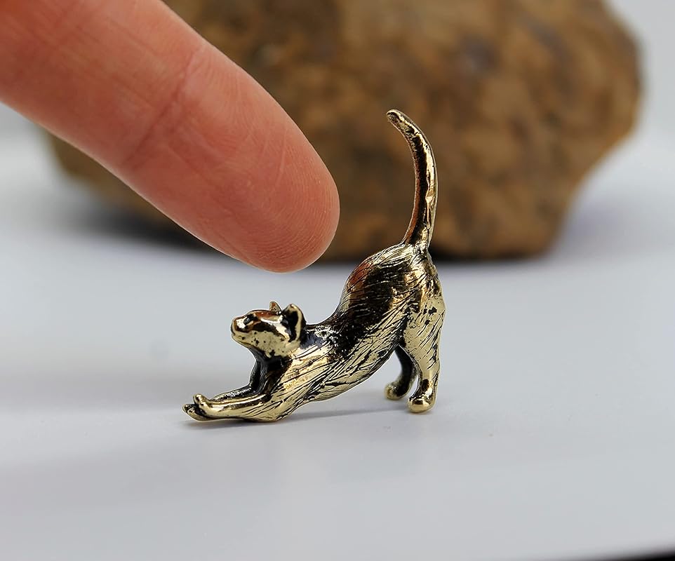 Stretching Cat Figurine Hand-Casted in Brass Small Kitten Miniature Collectible Gift for Cat Lovers Tiny Metal Decorative Trinket