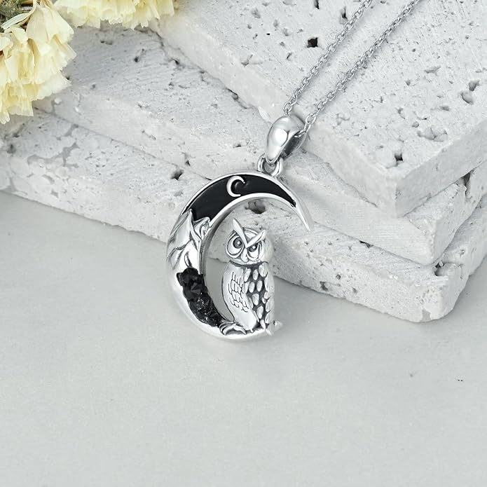 Gothic Jewelry Bat/Cat/Wolf/Dragon/Owl/Fox/Spider/Sun Pendant Sterling Silver Crescent Moon Necklace for Women Girls Black Jewelry Gifts