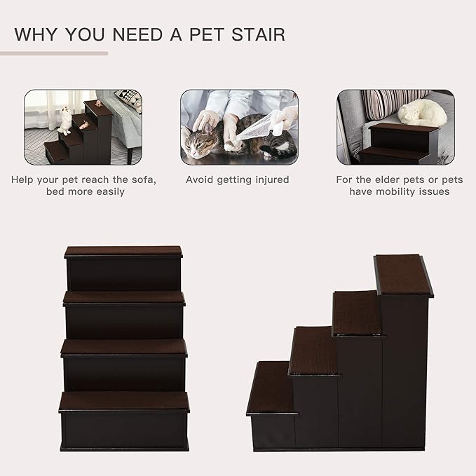 PawHut Pet Stairs, Small Pet Steps with Cushioned Removable Covering for Dogs and Cats Up to 22 lbs, Brown