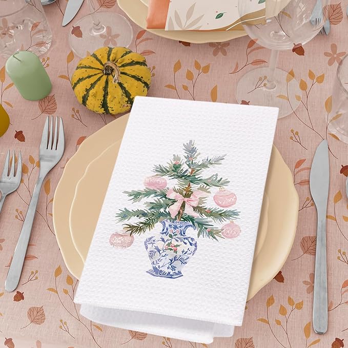 Chinoiserie Christmas Kitchen & Bath Towels, Pink Bow & Blue/White Dish Towels, 16x24 Inch