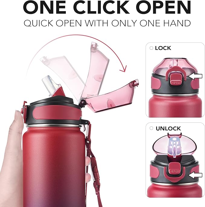 Enerbone 32 oz Insulated Water Bottle, Stainless Steel Bottle with Carrying Strap, Double-Wall Vacuum Insulation Design, Leakproof Sports Bottle with Straw, Keep Drinks Cold or Hot for Hours