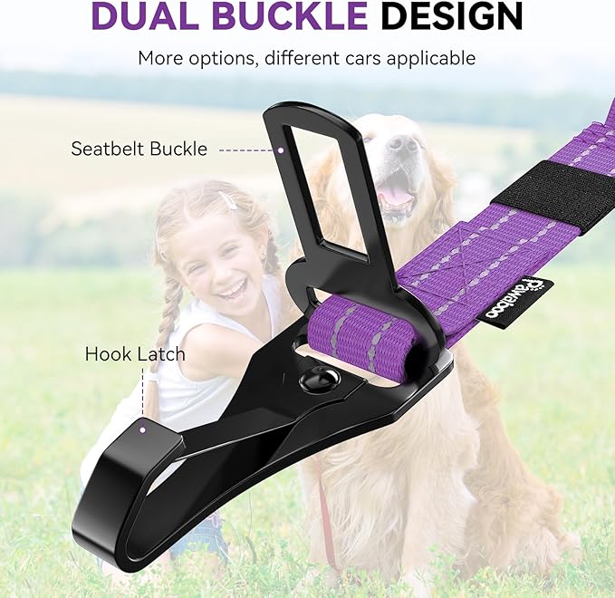 Pawaboo 2Pack Dog Seatbelt for Car, Dog Car Seat Belt Bungee, Shockproof Dog Tether for Car with Buckle & Hook Latch, Adjustable Reflective Dog Car Harness Leash with 360° Lockable Buckle, Purple