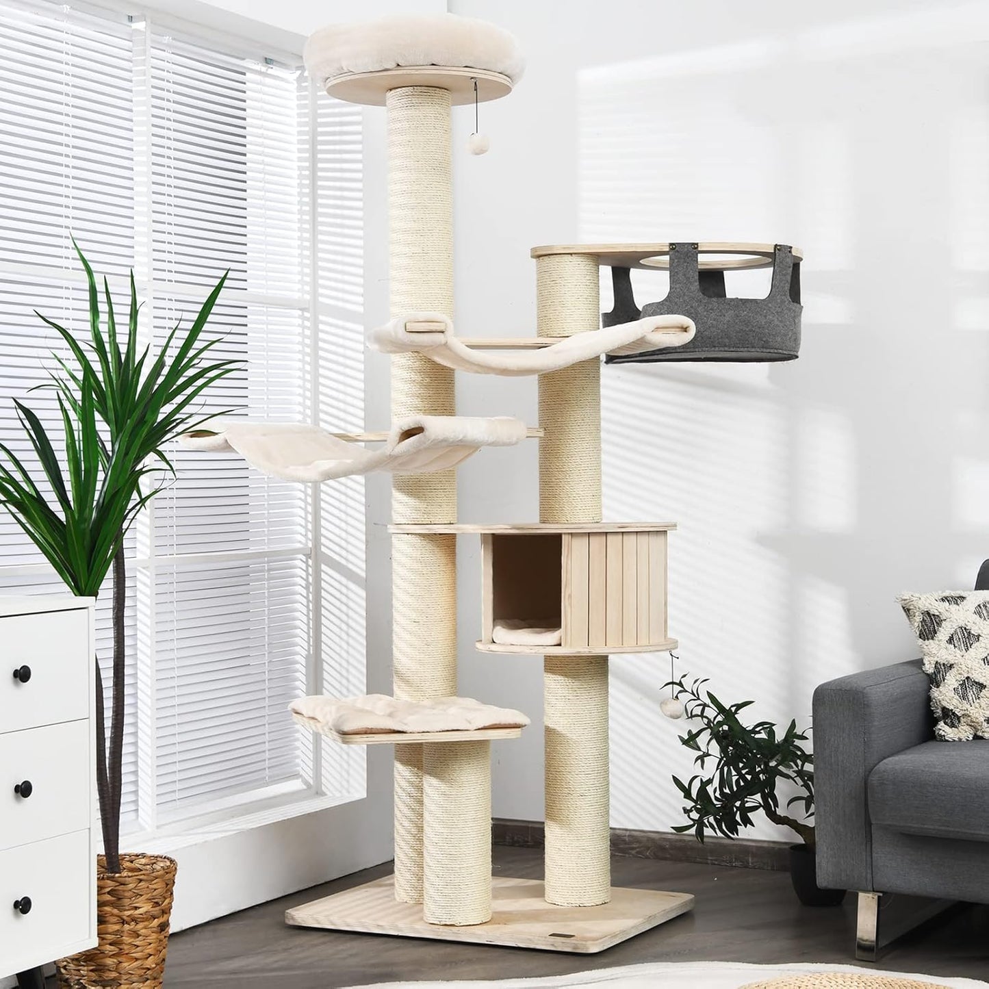 Tangkula Large Cat Tree, Multi-Level Tall Cat Tower with Sisal Scratching Posts, Hammocks, Hanging Basket, Cat Condo and Removable Washable Cushions, Modern Wood Cat Tree for Indoor Cats Large Adult