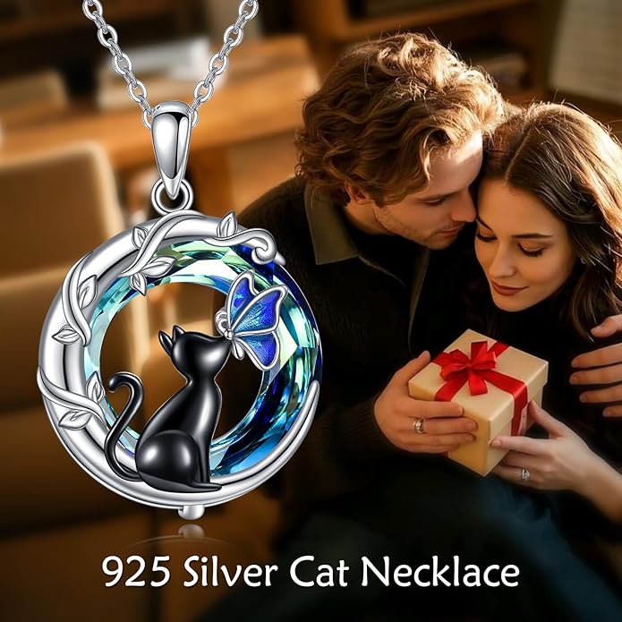 TIGER RIDER Moon Cat Necklace 925 Sterling Silver Blue Butterfly Black Jewelry Gifts Birthday Christmas Gifts for Women Wife Cat Lovers